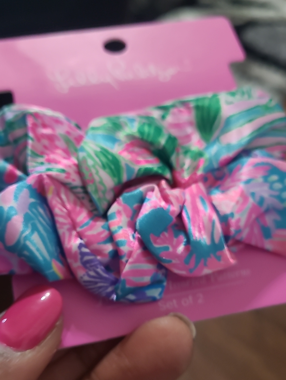 Lilly Pulitzer Pink, Blue & Green Floral Satin Scrunchie Duo - Picture 2 of 3